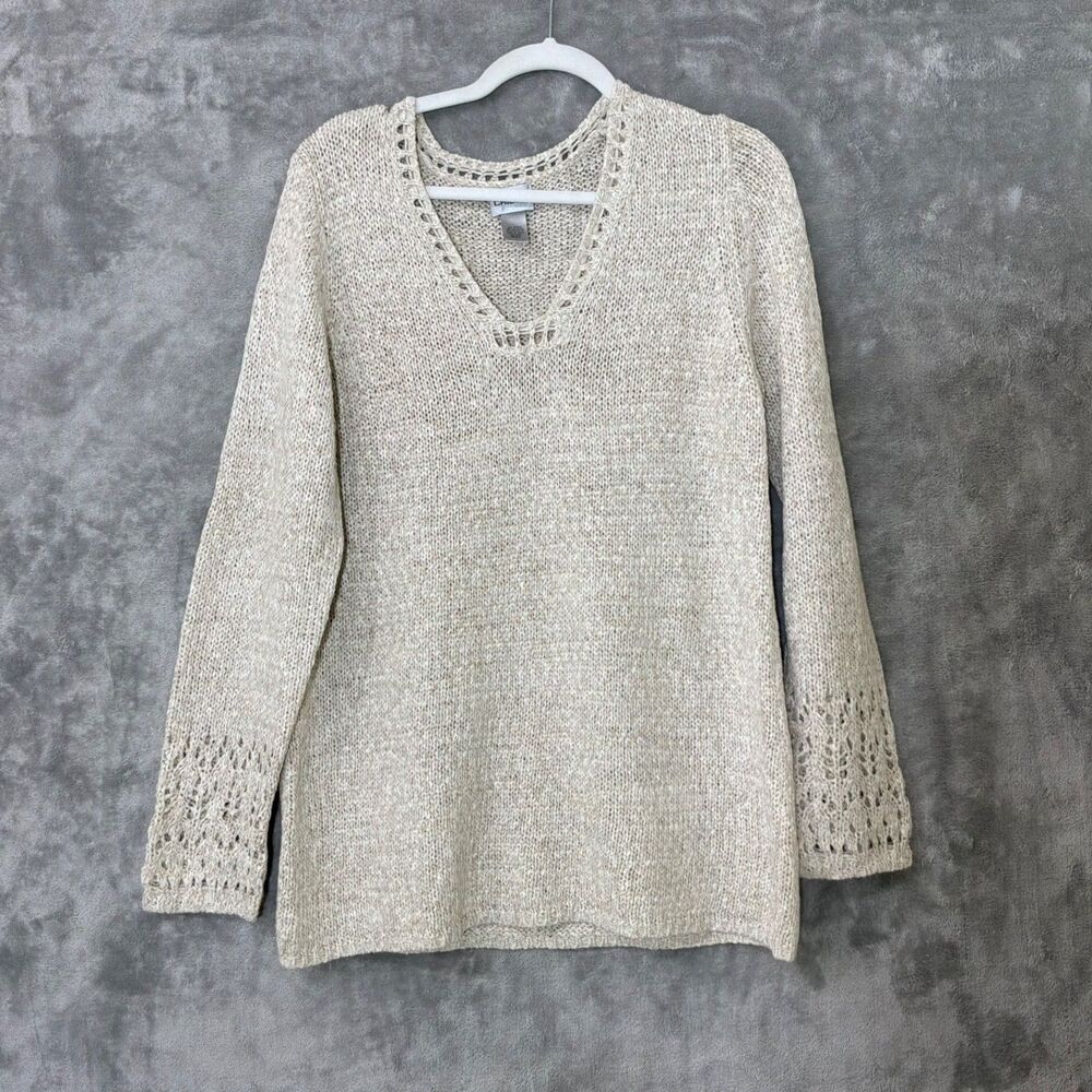 Chicos Knit Crochet Tunic Sweater Size 2 Size L 3/4 V -Neck Coastal Resort boho